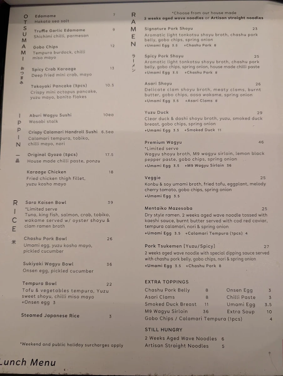 Menu, Sara Craft Ramen & Bar
