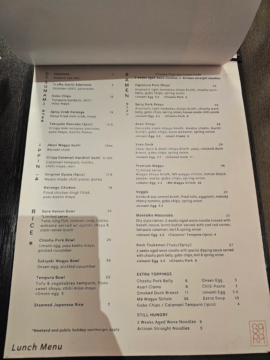 Menu, Sara Craft Ramen & Bar