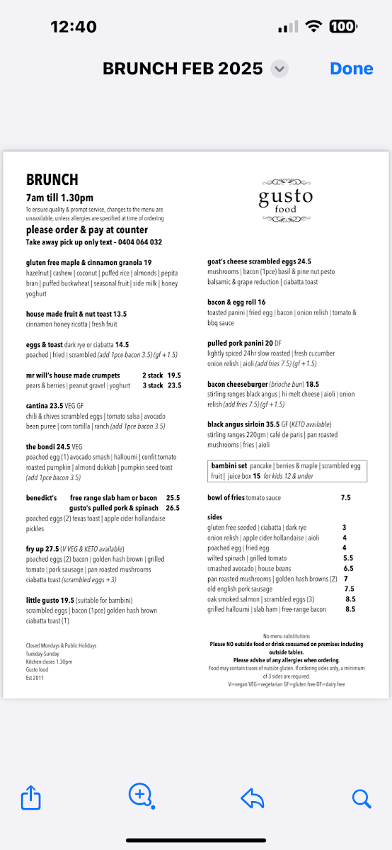 Menu, Gusto Food