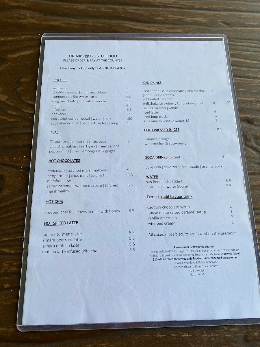 Menu, Gusto Food