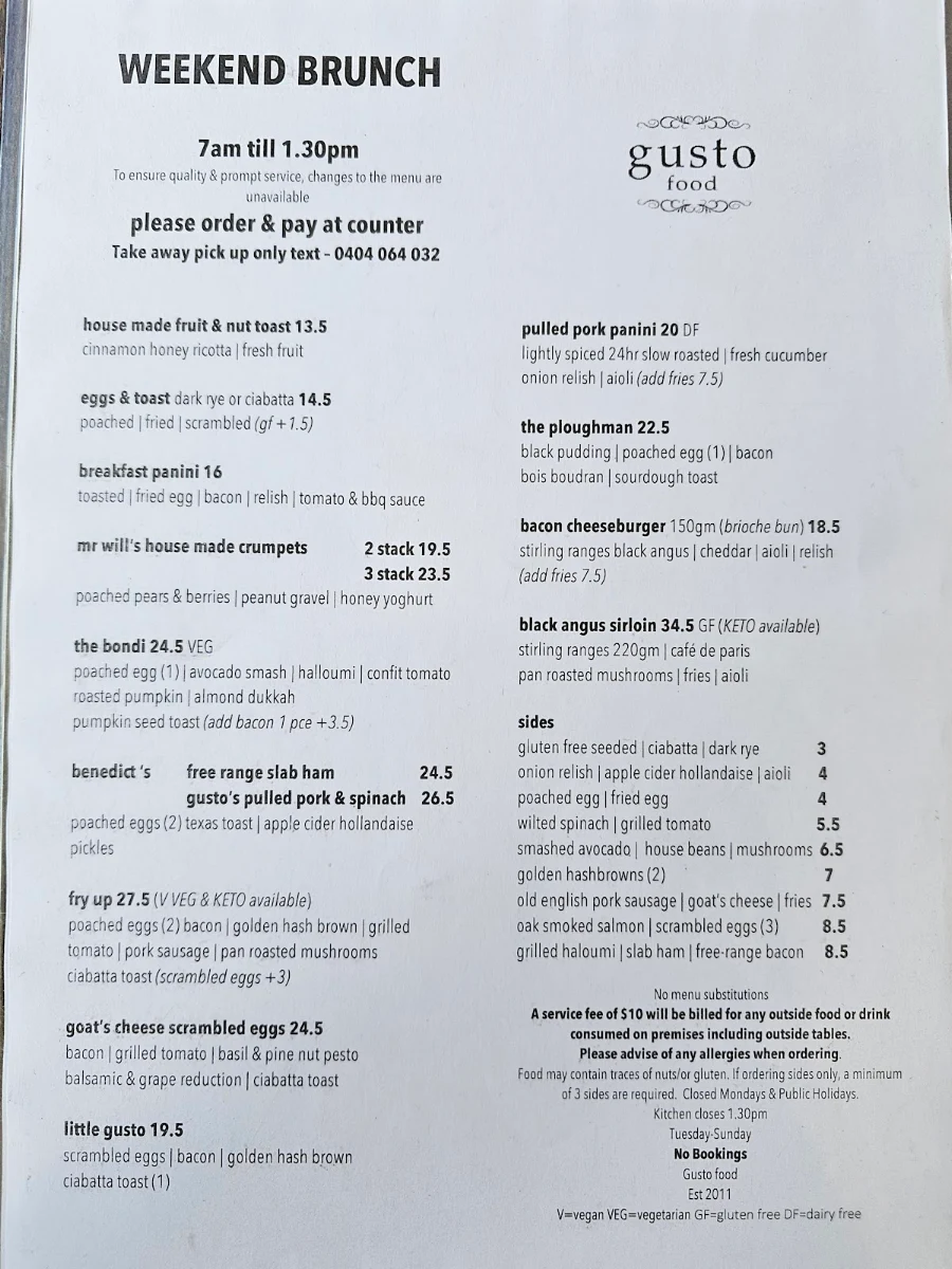 Menu, Gusto Food
