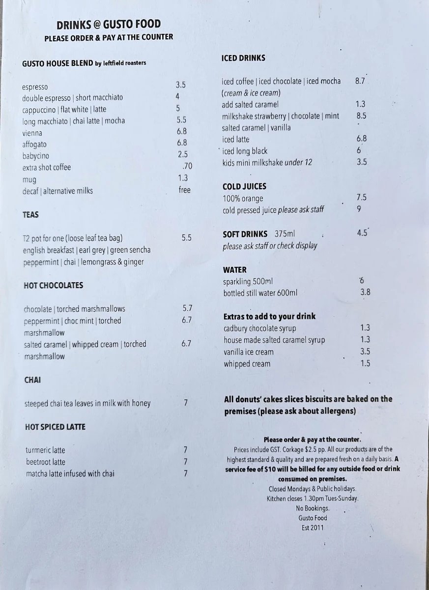 Menu, Gusto Food
