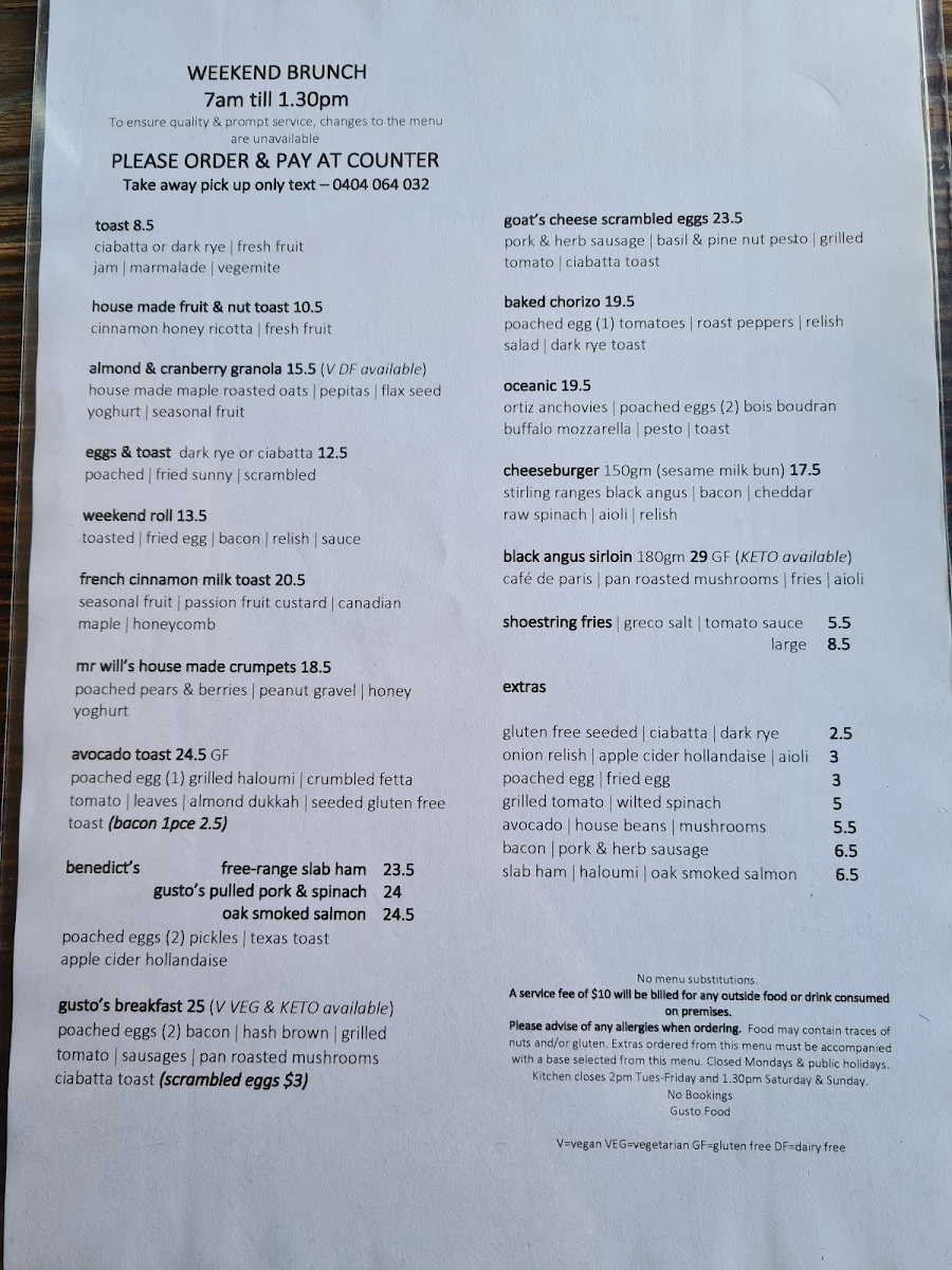 Menu, Gusto Food