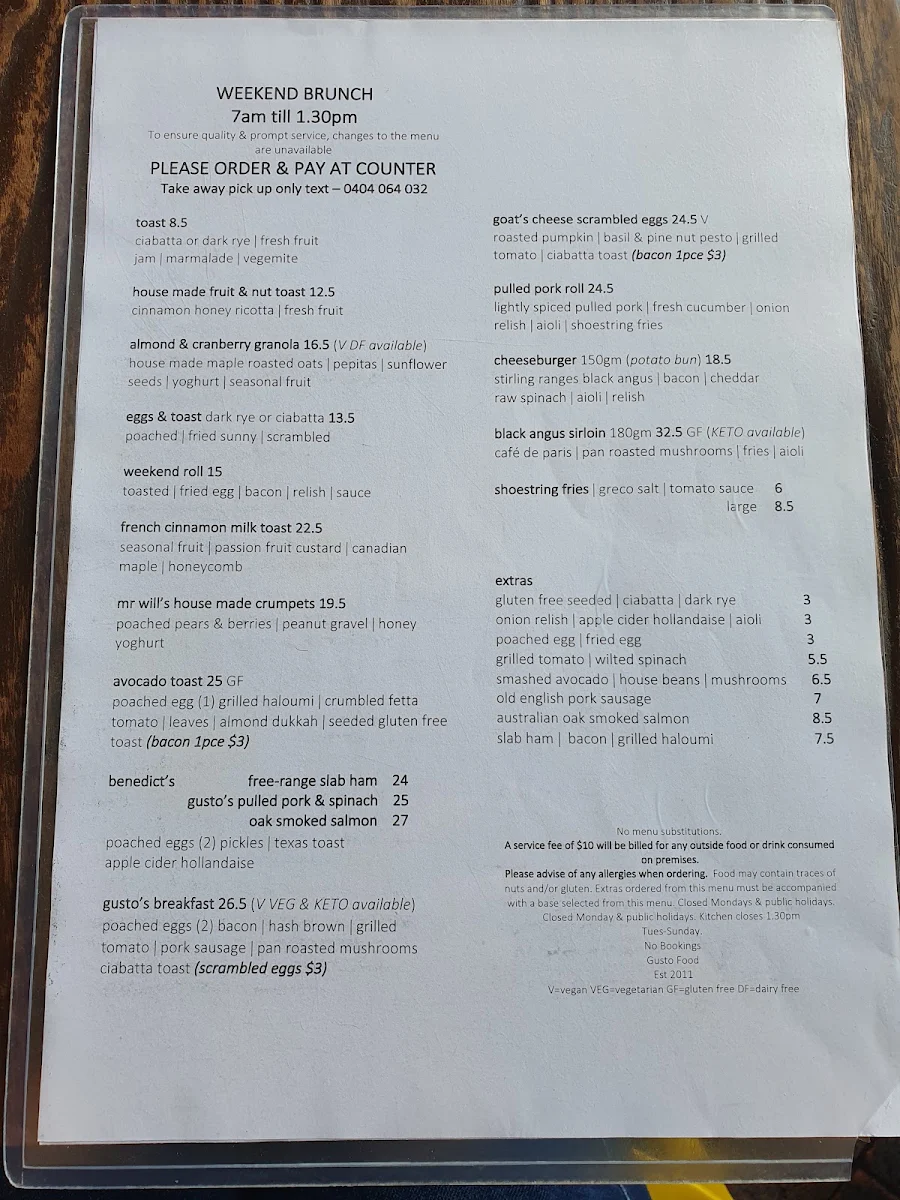 Menu, Gusto Food