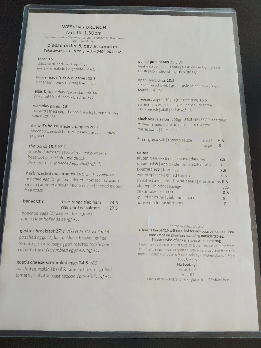 Menu, Gusto Food