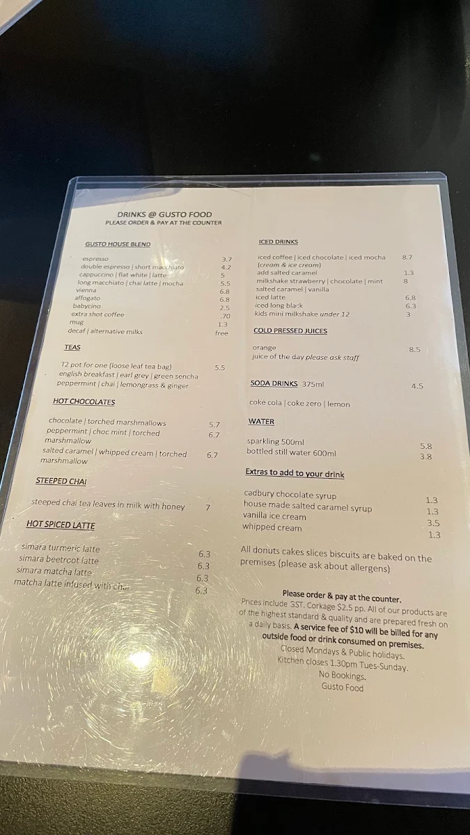 Menu, Gusto Food