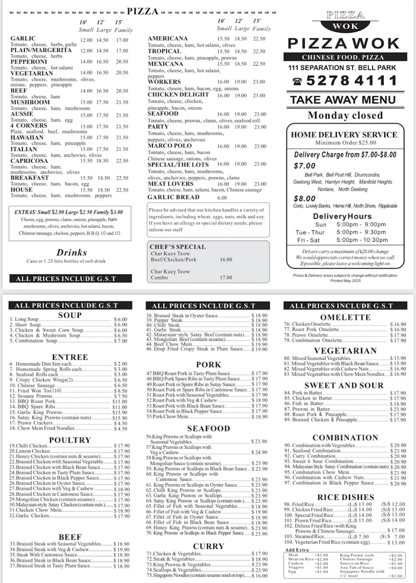 Menu, Pizza Wok