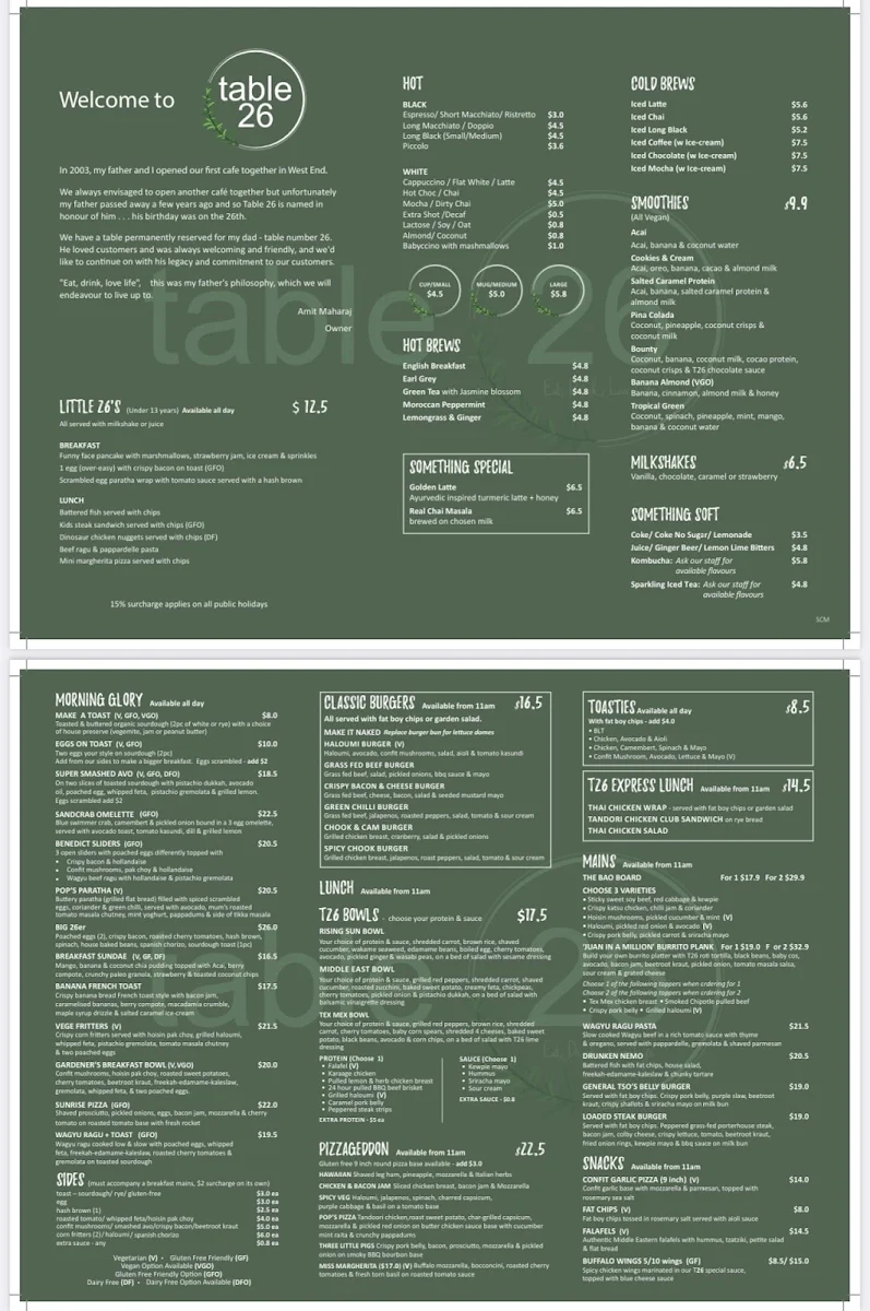 Menu, Table 26 Carindale