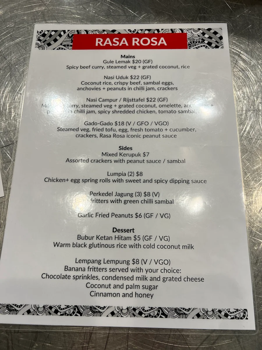 Menu, Verity Lane Market
