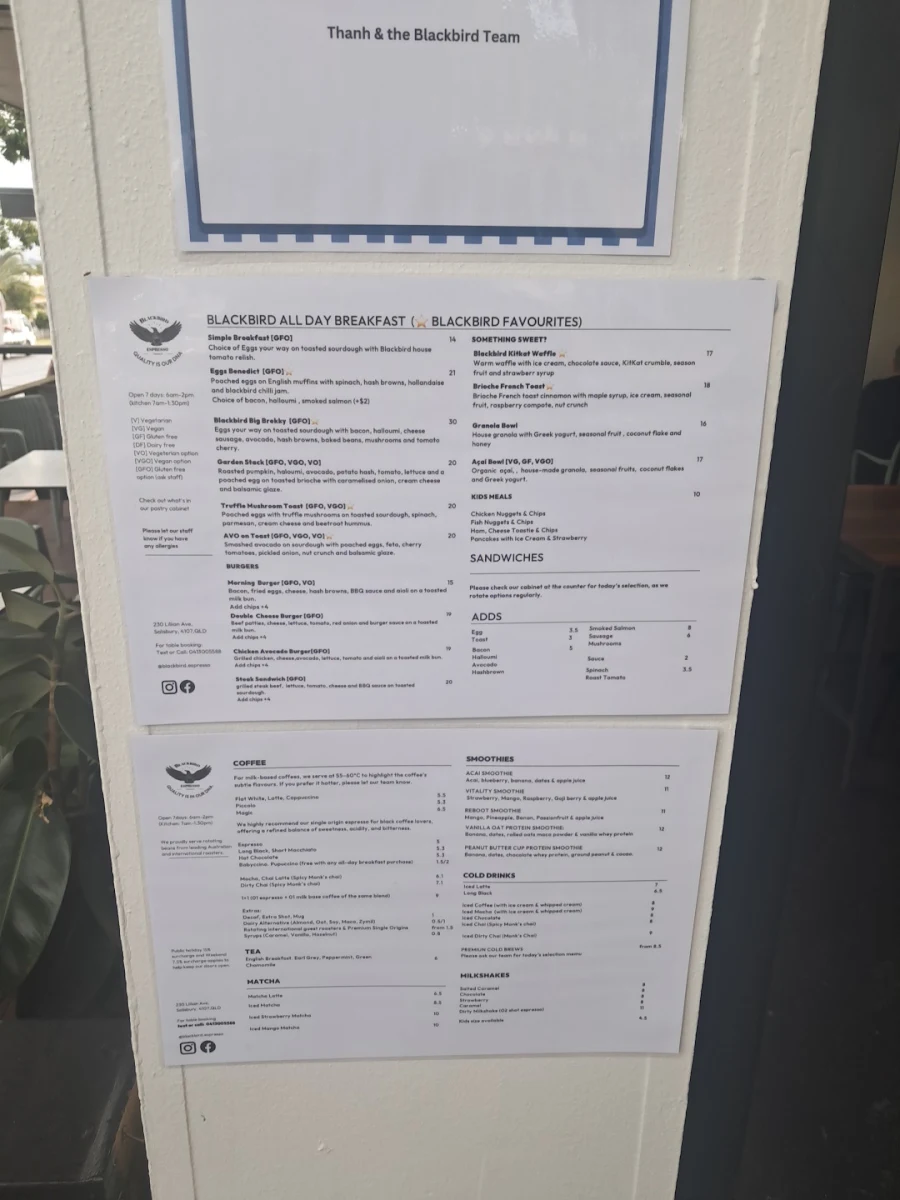 Menu, Blackbird Espresso — Salisbury —