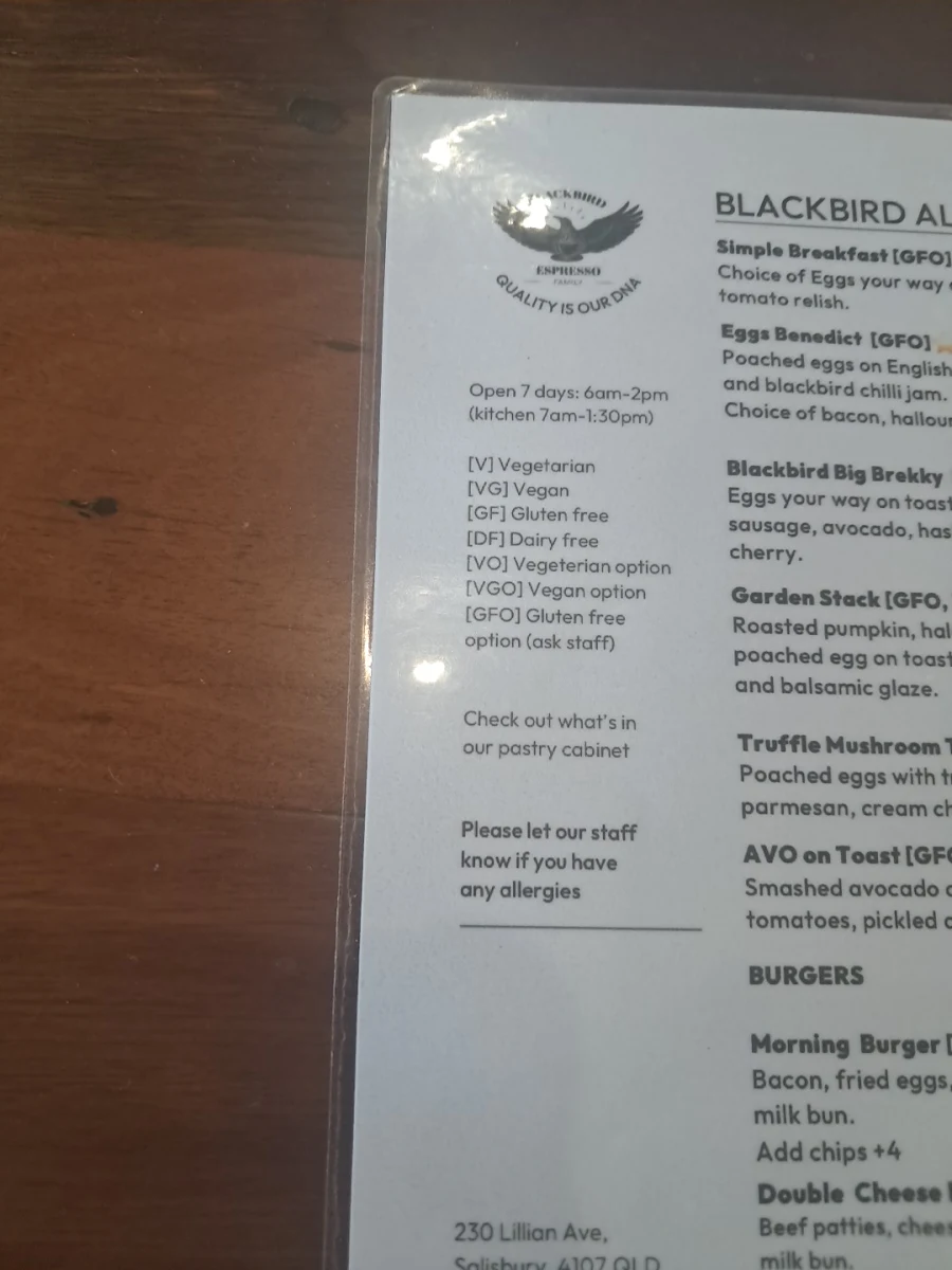 Menu, Blackbird Espresso — Salisbury —