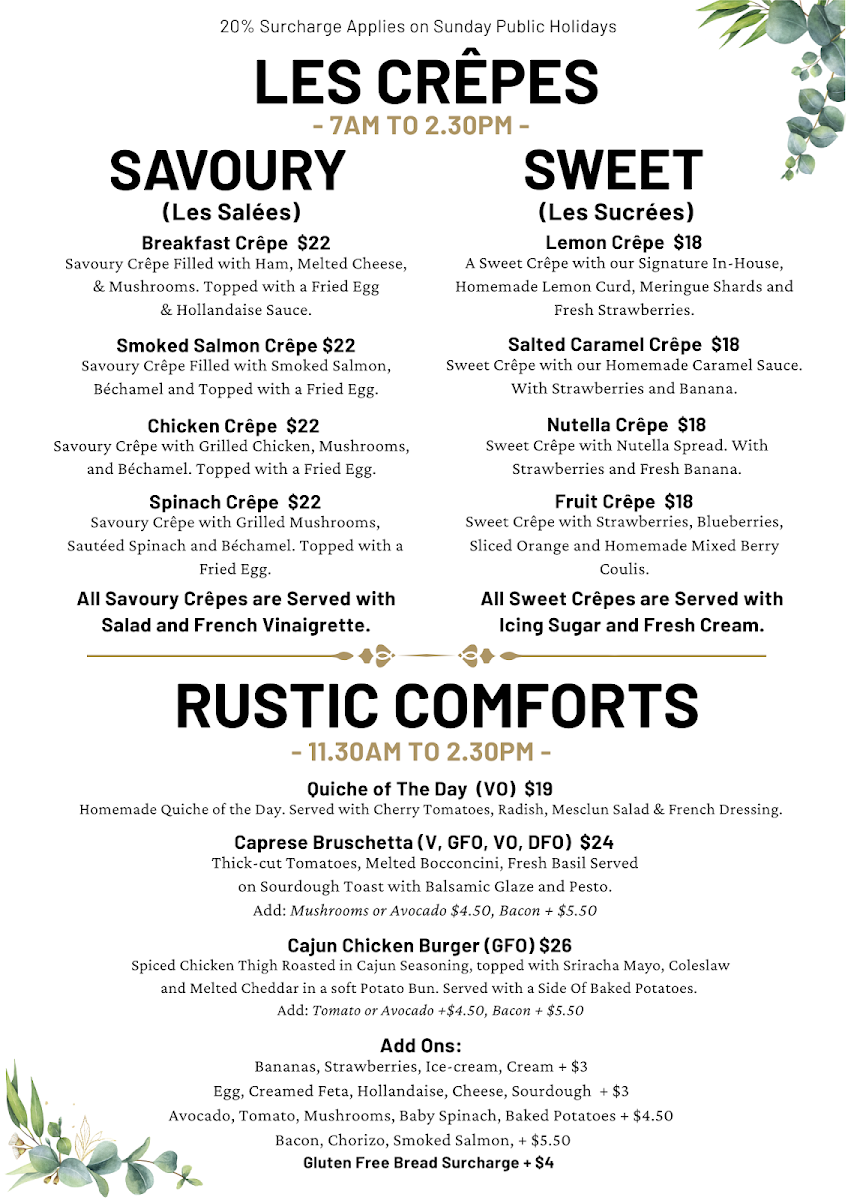 Menu, Café René Mandurah
