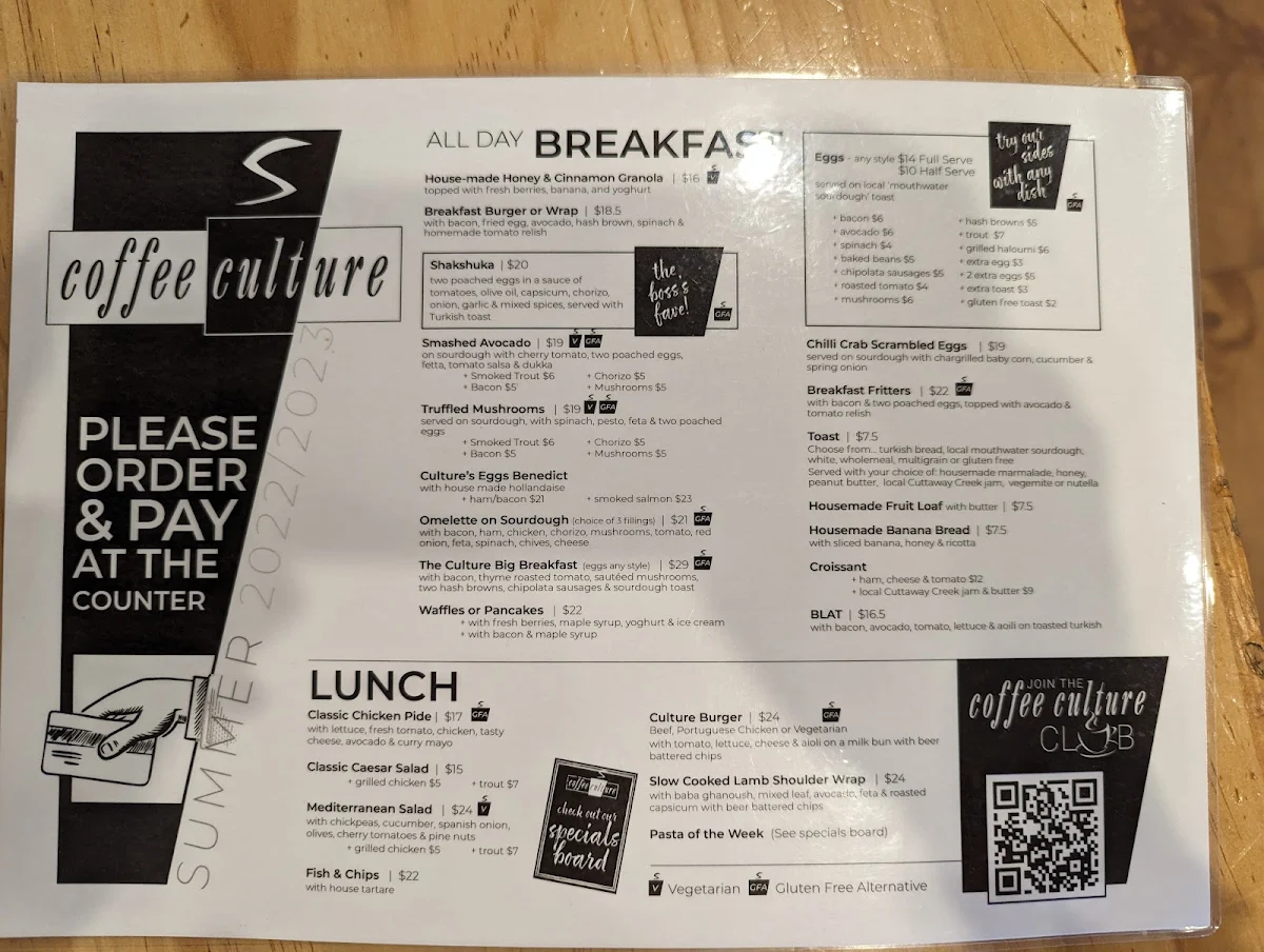Menu, Coffee Culture