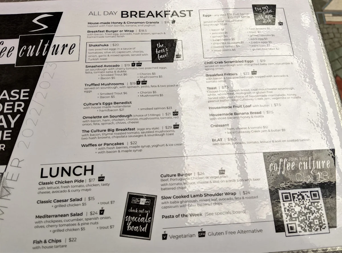 Menu, Coffee Culture