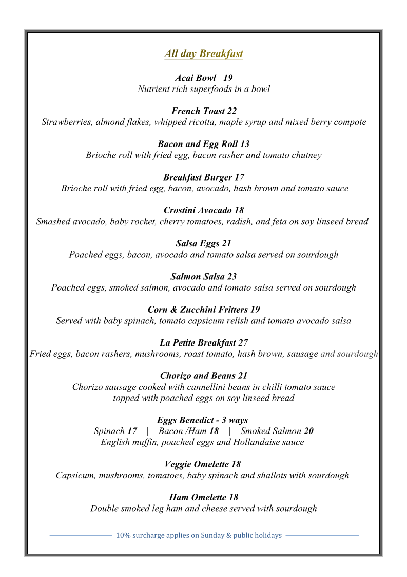 Menu, La Petite Birkenhead