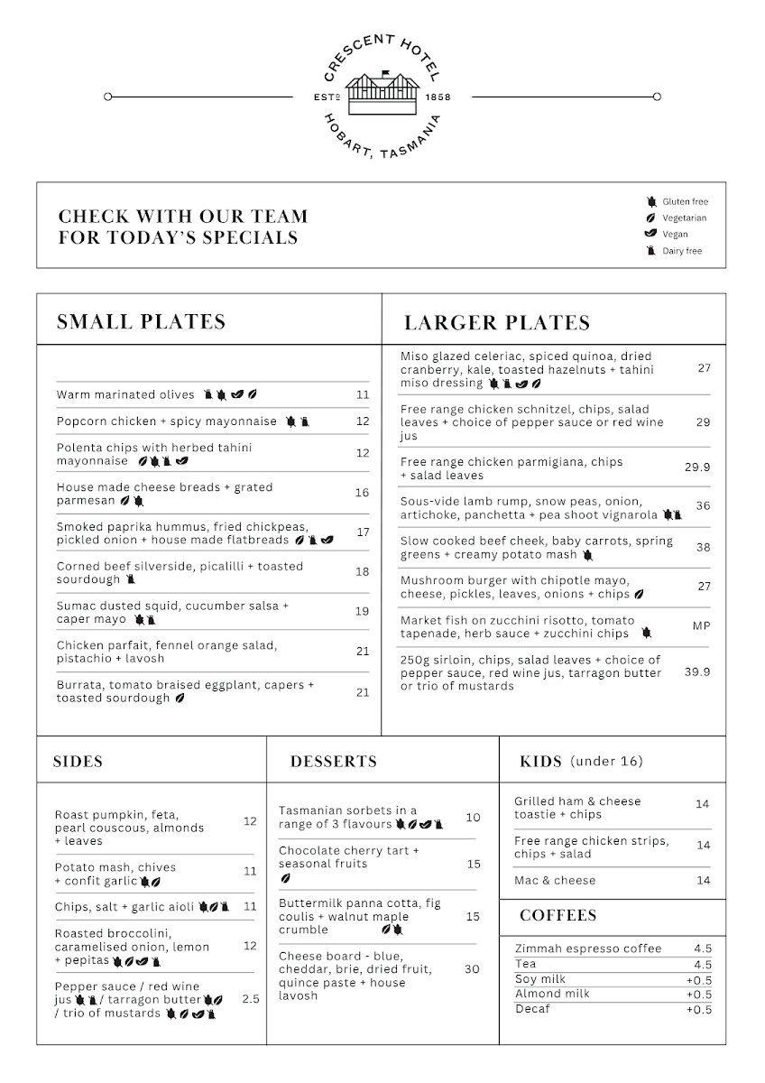 Menu, Crescent Hotel
