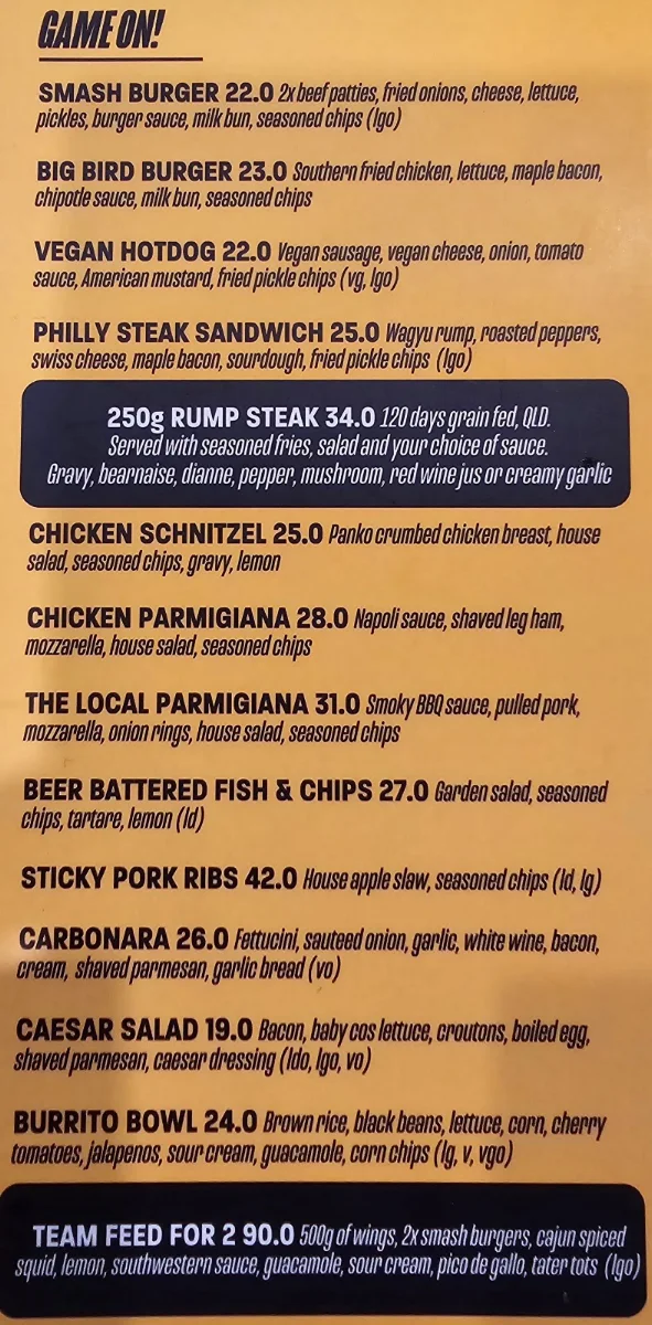 Menu, The Local Tavern