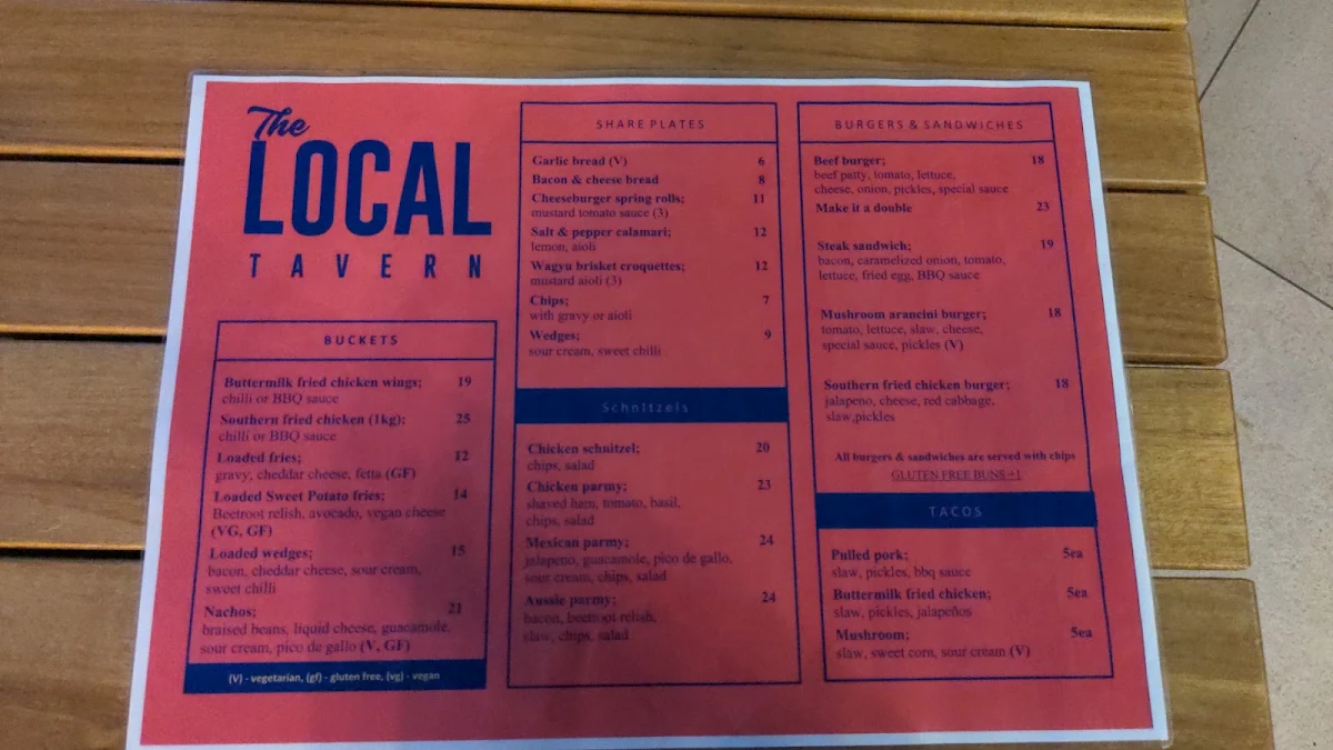Menu, The Local Tavern