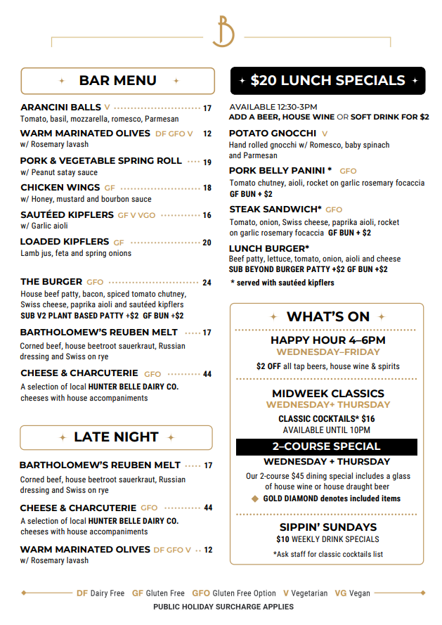 Menu, Bartholomew's