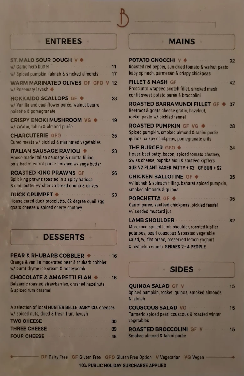 Menu, Bartholomew's