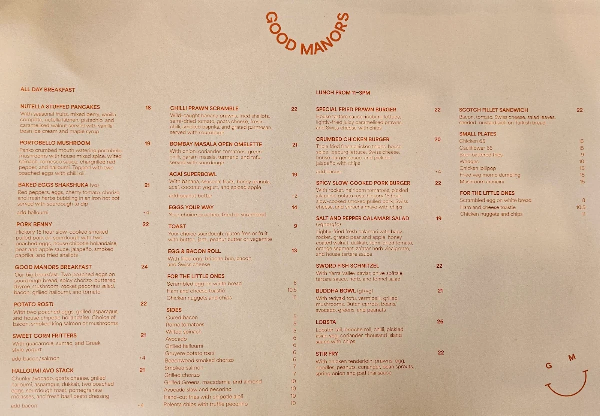 Menu, GOOD MANORS