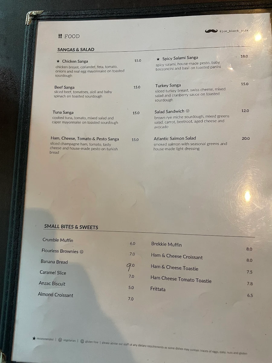 Menu, Joe Black Cafe