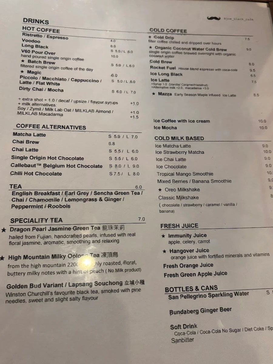 Menu, Joe Black Cafe