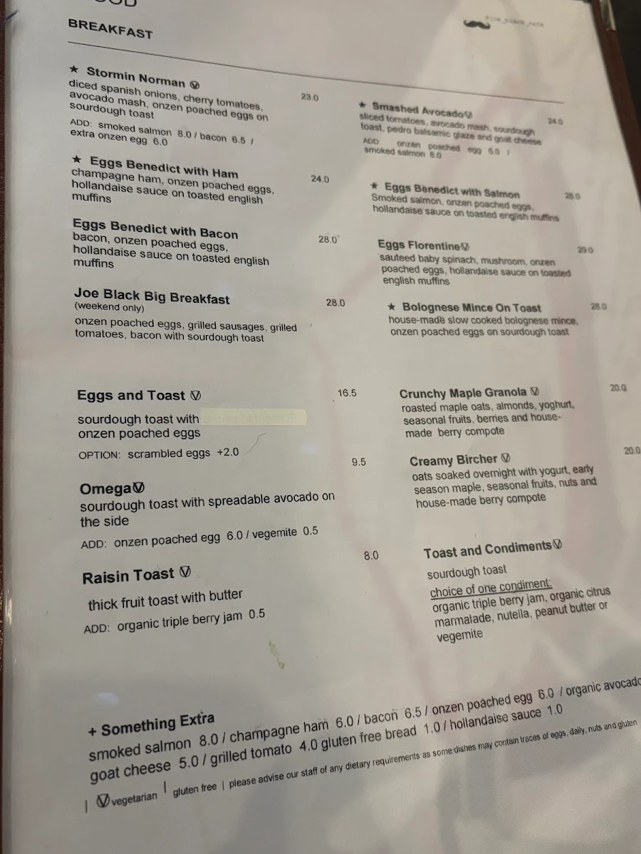 Menu, Joe Black Cafe