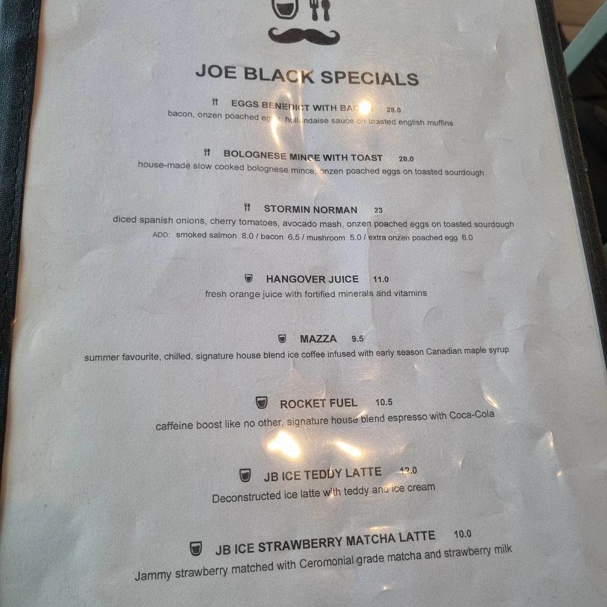 Menu, Joe Black Cafe