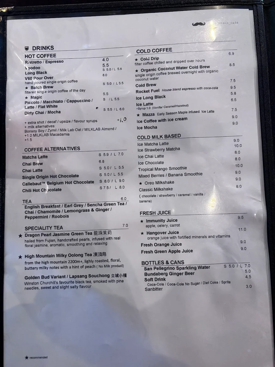 Menu, Joe Black Cafe