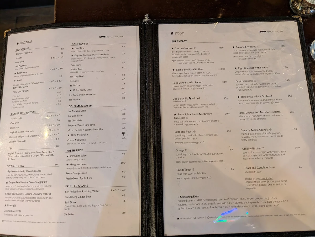 Menu, Joe Black Cafe