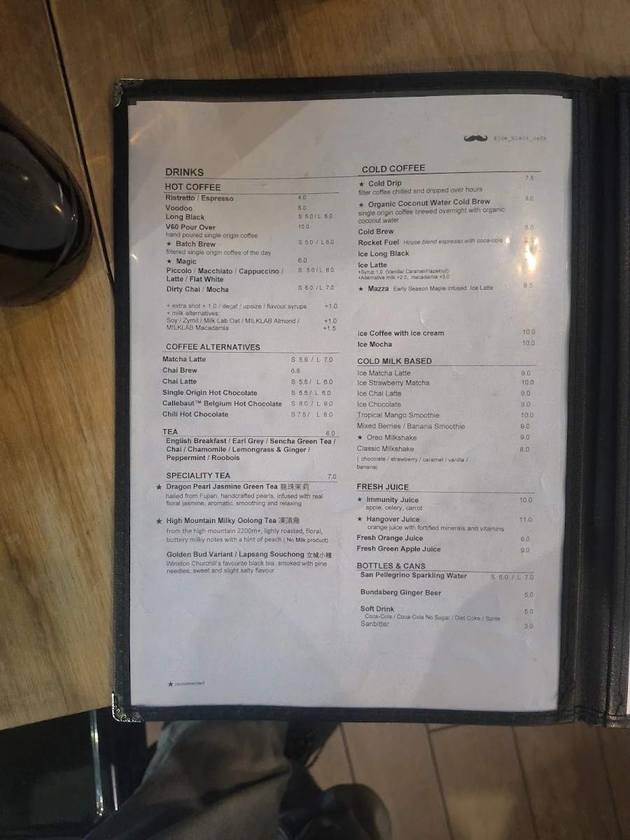 Menu, Joe Black Cafe