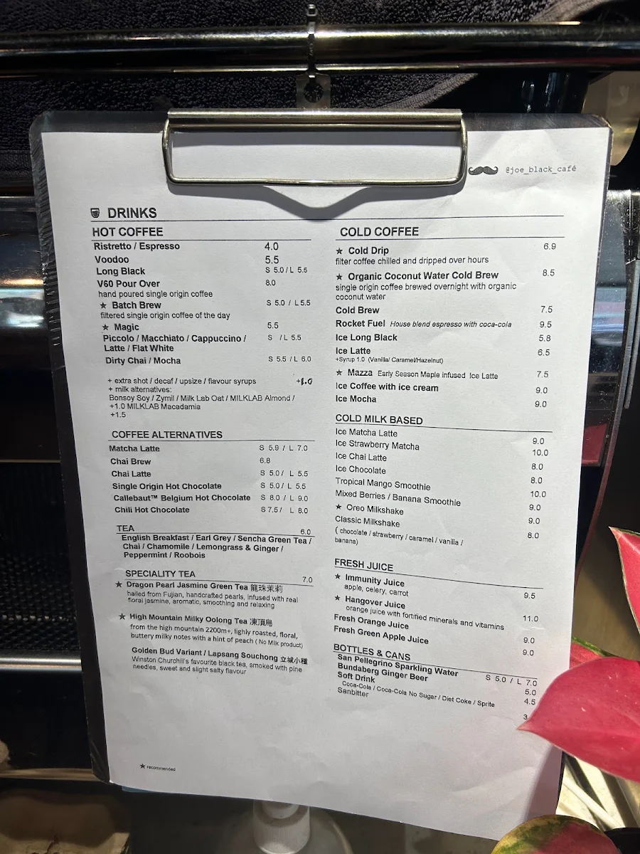 Menu, Joe Black Cafe
