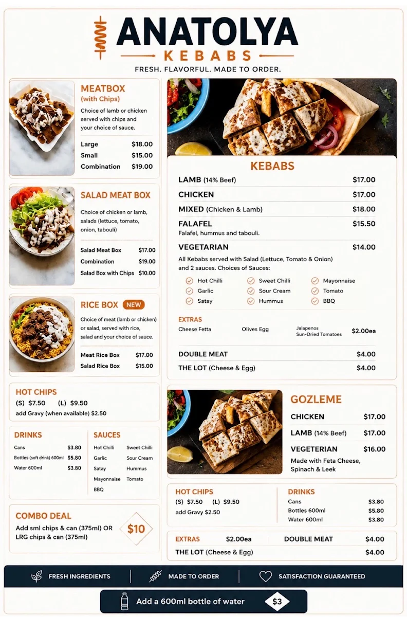 Menu, Anatolya Kebabs