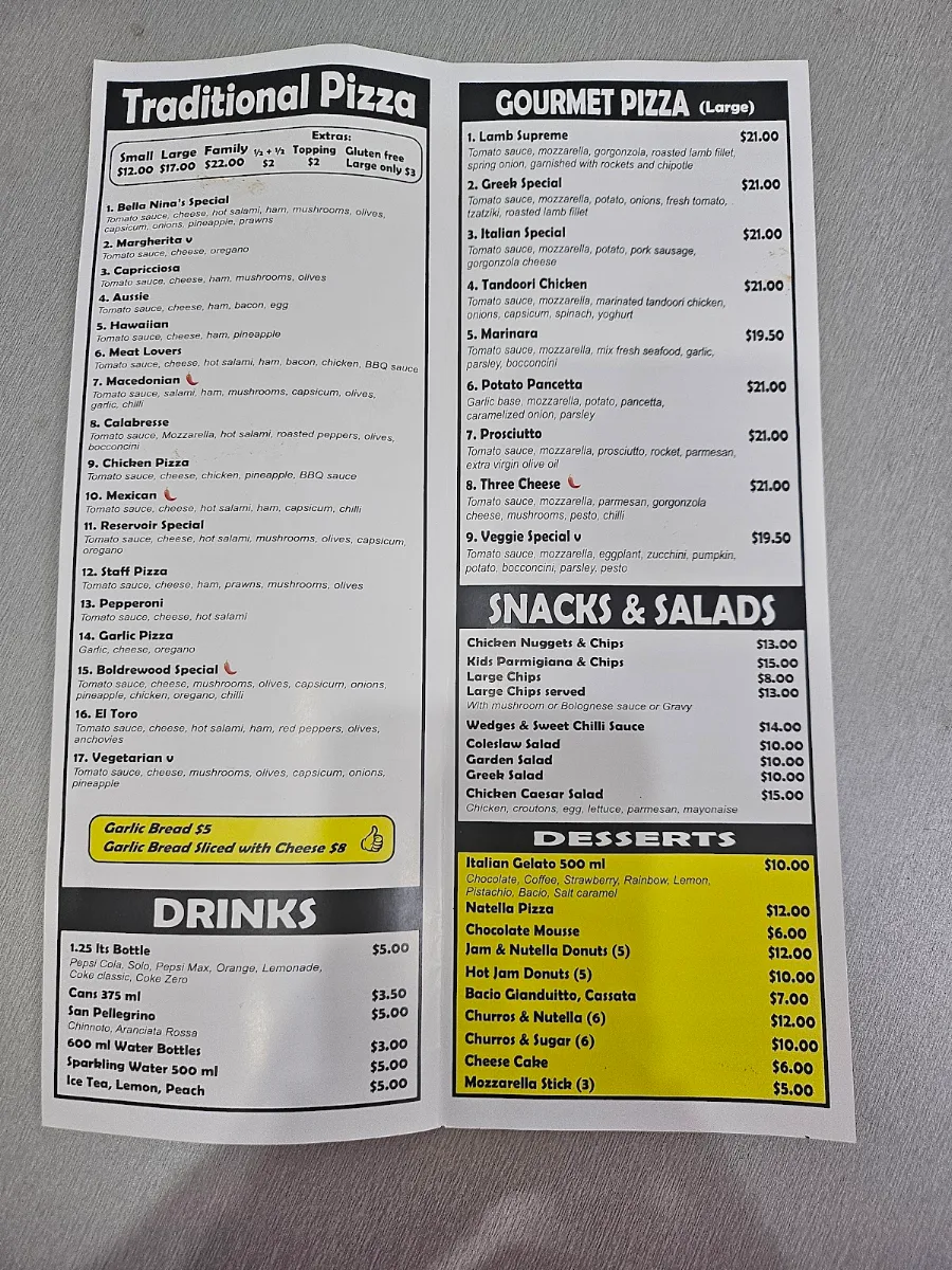 Menu, Bella Ninas Pizza & Pasta