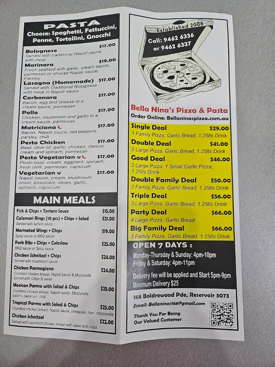 Menu, Bella Ninas Pizza & Pasta