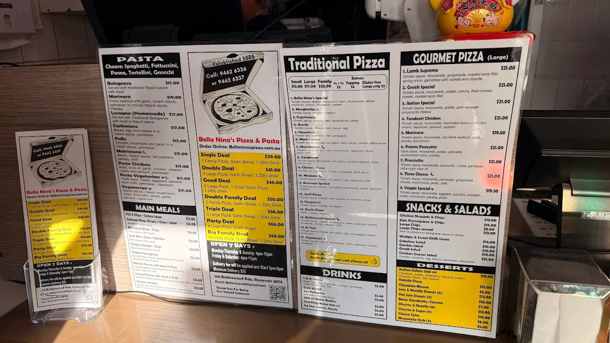 Menu, Bella Ninas Pizza & Pasta