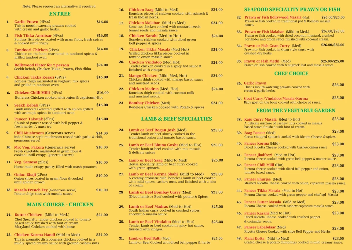 Menu, Bollywood Spices Indian Cuisine Craigie