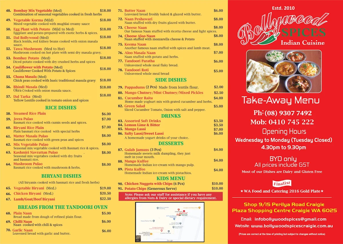 Menu, Bollywood Spices Indian Cuisine Craigie