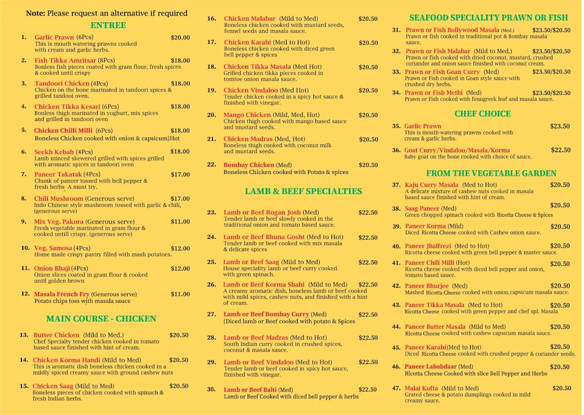 Menu, Bollywood Spices Indian Cuisine Craigie