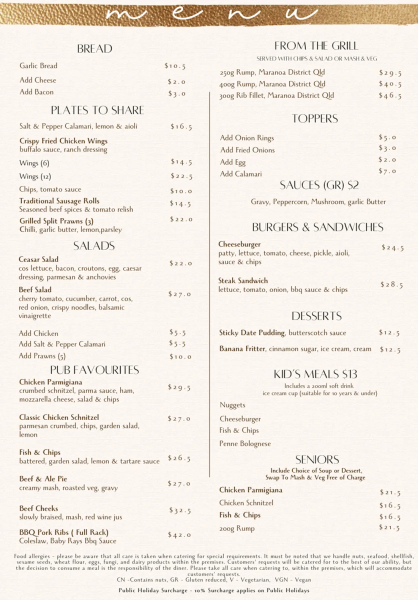 Menu, Mac's Hotel