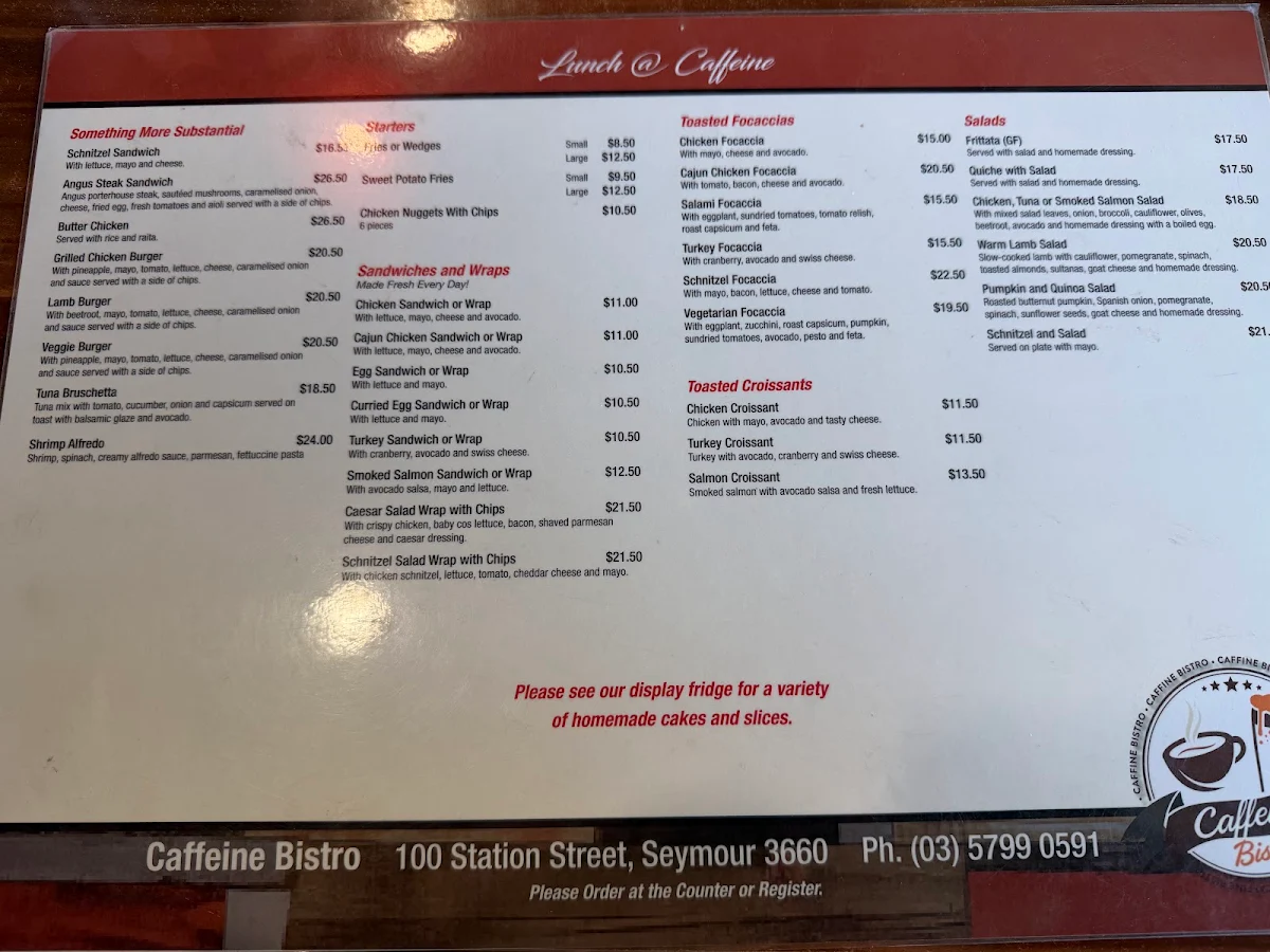 Menu, Caffeine Bistro