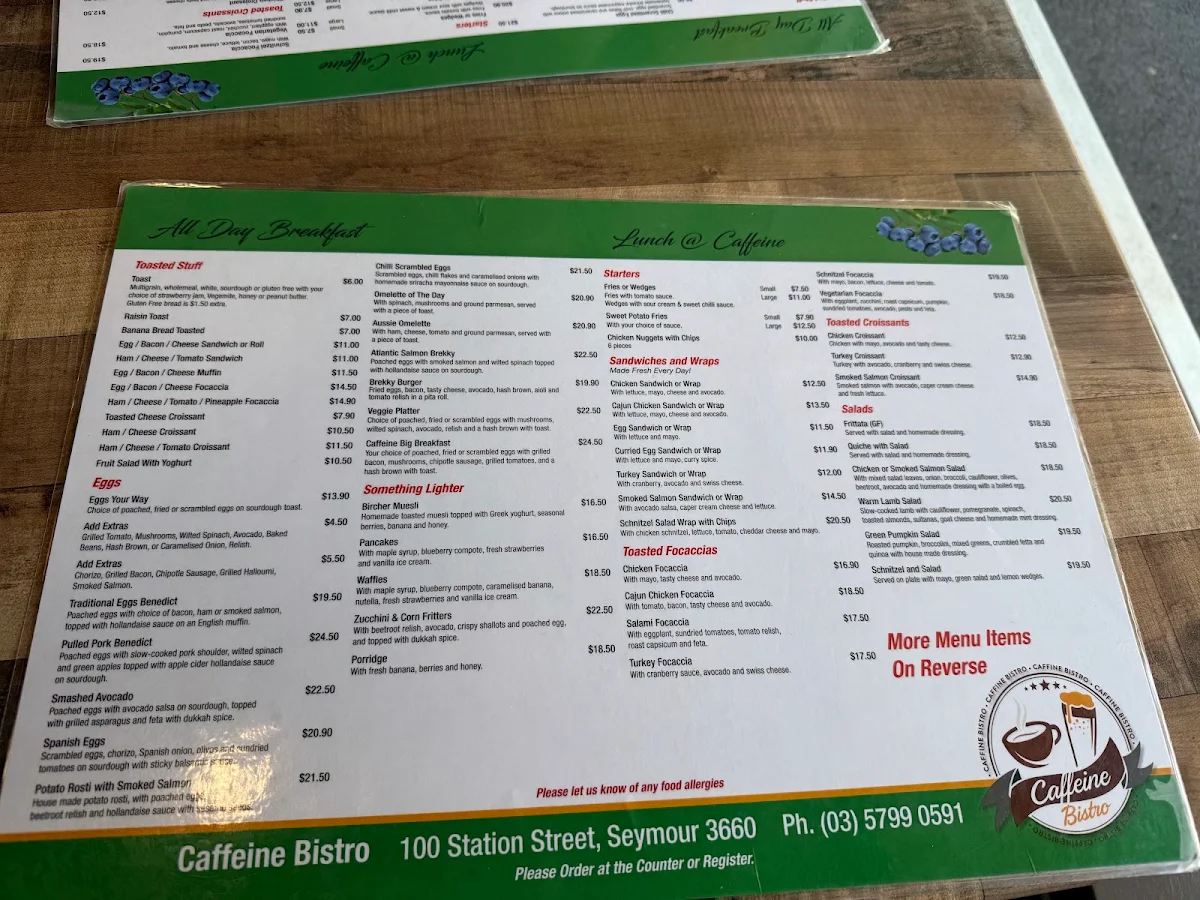 Menu, Caffeine Bistro