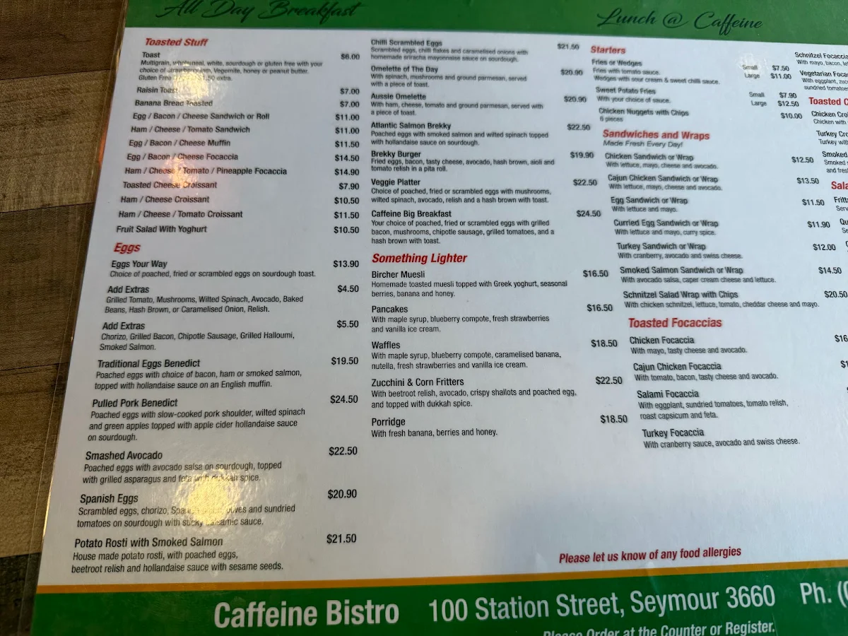 Menu, Caffeine Bistro