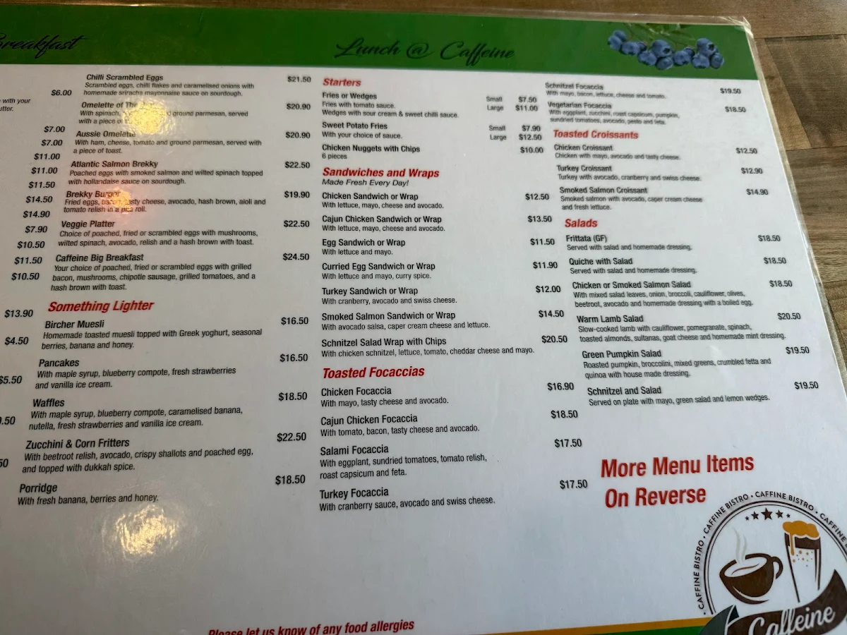 Menu, Caffeine Bistro