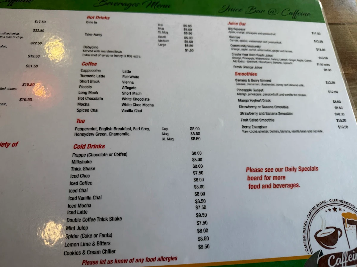Menu, Caffeine Bistro