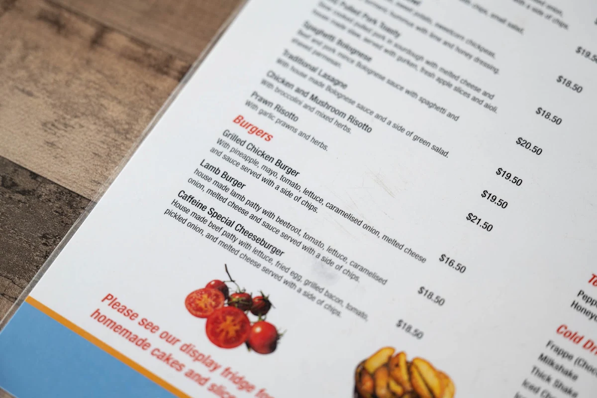 Menu, Caffeine Bistro