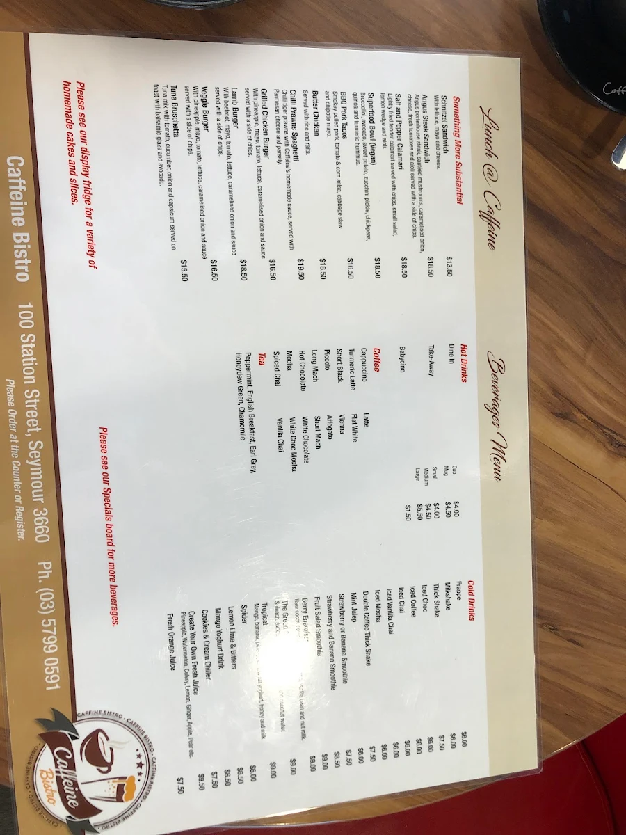 Menu, Caffeine Bistro