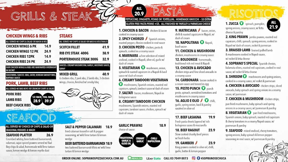 Menu, Soprano's Pizza Pasta Grill Restaurant & Bar Echuca