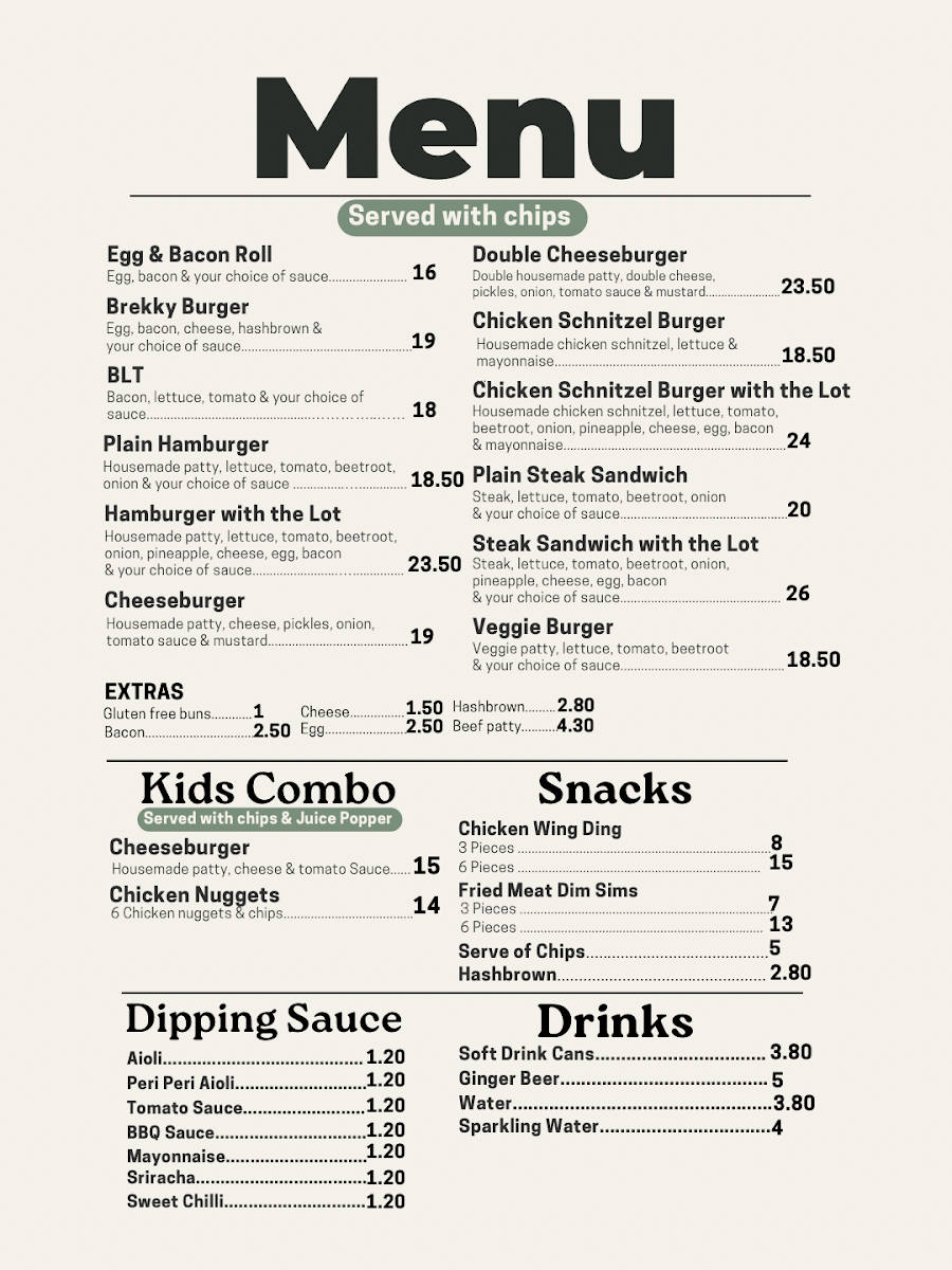 Menu, MB Burgers